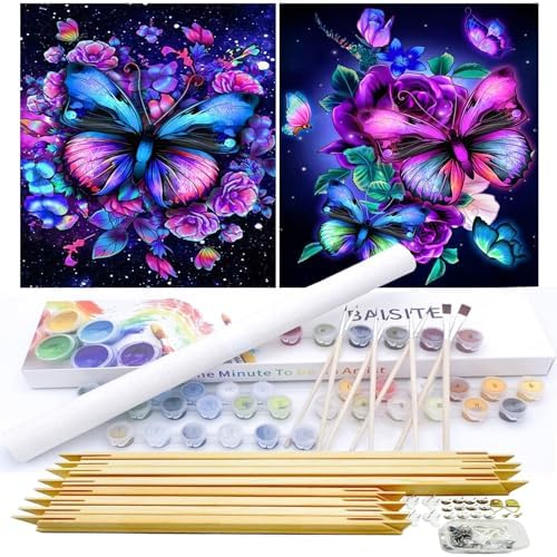 BAISITE Paint by Numbers Kit for Adults Beginners,12" Wx16 L 2 Pack Canvas for Painting Kits for Adults in Colorful Box-Butterflies 5152-DIY Frame by PaintbyNumbersKitsforAdults
