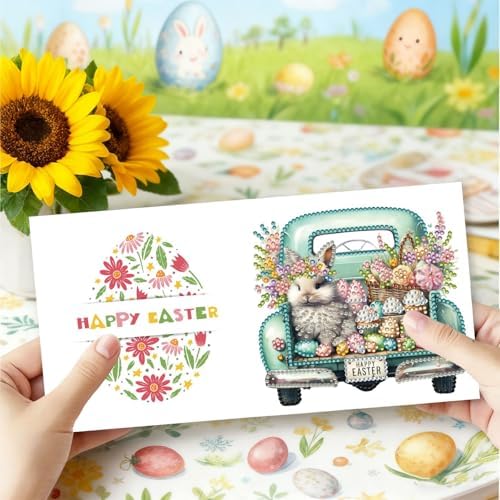 6Pcs Easter Greeting Card DIY Diamond Art Painting Greeting Cards Special Shaped Diamond Blessing Folding Card Kit Arts Crafts for Holiday Festival-Easter Truck - Image 2