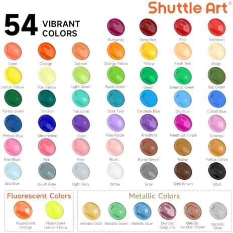 54 Colors Acrylic Paint, Shuttle Art Acrylic Paint set with 12 Paint Brushes, 2oz/60ml Bottles, Rich Pigmented, Water Proof, Premium Paints for Artists, Beginners and Kids on Canvas Rocks Wood Ceramic - Image 3