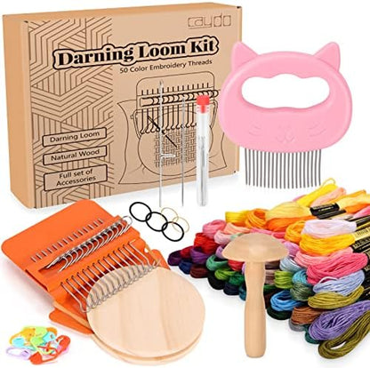 Caydo Speedweve Darning Mini Loom Kits Machine with 50 Color Threads, Sock Darning Mushroom Egg, Complete Darning Kit for Beginners Quickly Mending Jeans Socks, DIY Artful Patterns, Repair Clothes by Caydo