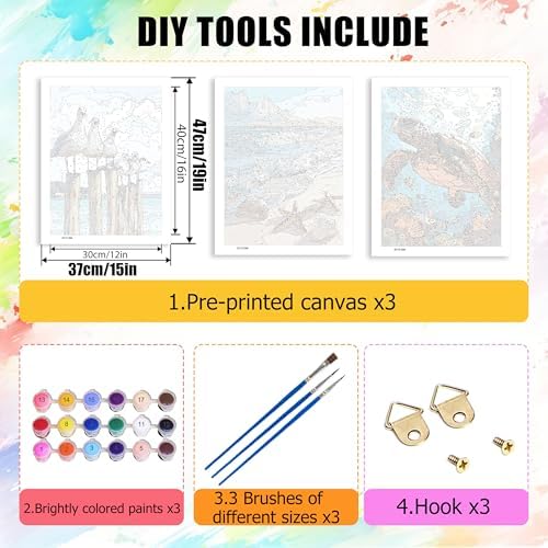 Yunruily 3 Pack Beach Adult Paint by Numbers - Paint by Number kit for Adults,Sea Turtle Paint by Number Adult for Gifts Home Wall Decor 12x16inch - Image 4