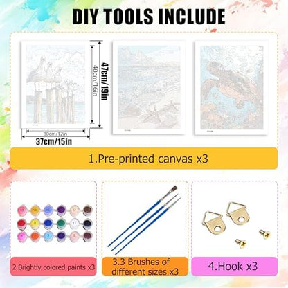 Yunruily 3 Pack Beach Adult Paint by Numbers - Paint by Number kit for Adults,Sea Turtle Paint by Number Adult for Gifts Home Wall Decor 12x16inch - Image 4