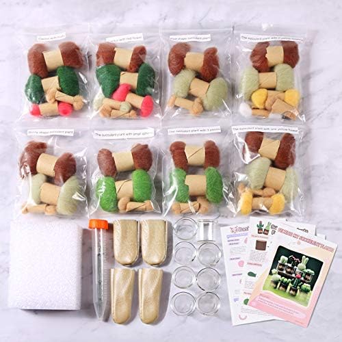KISSBUTY Full Range of Needle Felting Kit, Cactus Wool Felted Set for Adults and Beginners Including Wool Roving for 8 Succulents, Foam Mat, Glass Pots, Needles, Finger Guards Tools Kit - Image 5