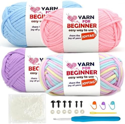 4 Pack Rainbow Beginner Crochet Yarn for Crocheting Knitting Multicolor Crochet Yarn for Beginners with Easy-to-See Stitches Cotton-Nylon Blend Easy Yarn for Beginners(Yellow Pink Purple Blue) by JOYTAG