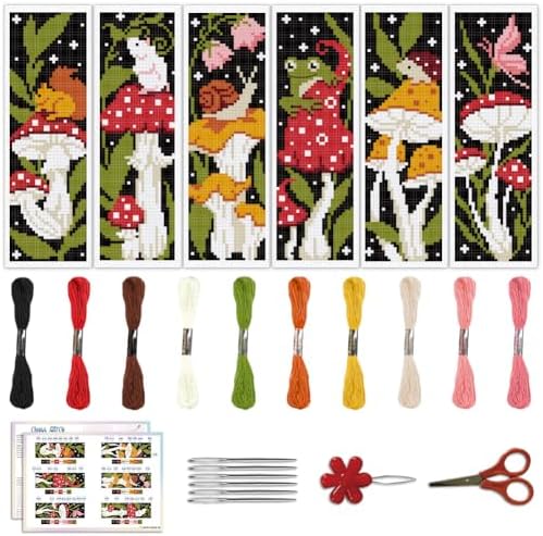 ACRNIGHEET 6PCS Stamped Cross Stitch Bookmark Kit for Beginners Mushroom by ACRNIGHEET