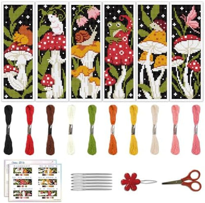 ACRNIGHEET 6PCS Stamped Cross Stitch Bookmark Kit for Beginners Mushroom by ACRNIGHEET