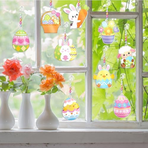 Dunzoom 30 Set Easter Craft Kit Suncatchers Kit Spring Easter Eggs DIY Suncatchers Craft Kit Make Your Own Suncatcher Paint Easter Bunny Sun Catcher Ornaments for Spring Art Craft Painting Activity - Image 4