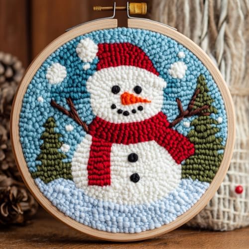 DIY Punch Needle Kits Christmas Snowman Winter Snow with Hoop 20x20cm-1 by Unknown