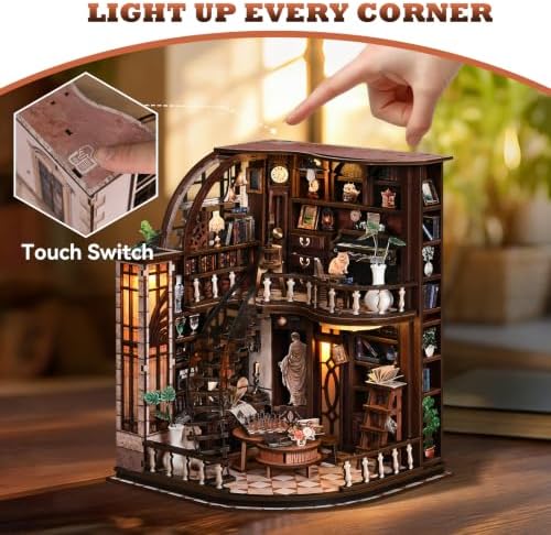 Bacchus Bookstore Book Nook Kit for Adults, 3D Wooden Puzzle DIY Miniature House with Touch LED Light, Bookshelf Decor Craft Gift for Book Lovers - Image 5