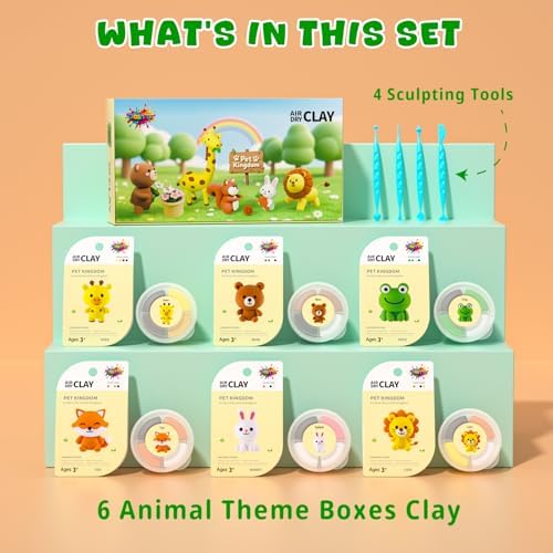 Air Dry Clay for Kids - 6 Animal Themed Modeling Clay Kit, Model Magic Clay with Sculpting Tools and Tutorials, Ultra Light & Soft, Non-Toxic & Safe, DIY Arts and Crafts School Projects for Kids - Image 2