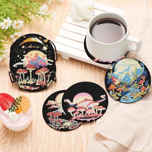 EWJRNSF 10 PCS Diamond Art Coasters Kit, Small Diamond Painting Coasters, Fall Diamond Art Kits for Adults Beginners, Arts and Crafts Supplies Item Sets with Holder Mushroom - Image 6