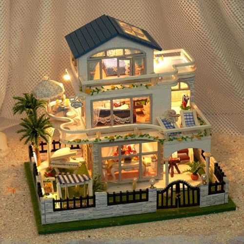 DIY Miniature House Kit with LED Light, Mini Villa House Kit,Doll House Kits for Adults to Building,Wooden Dolls House Kits to Build for Adults Birthday Gift - Image 2