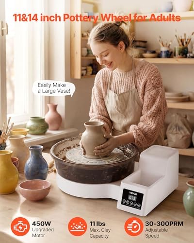 VEVOR Pottery Wheel for Adults, 14" and 11" Turntables, 450W Electric Table Top Pottery Wheel with Foot Pedal, 30-300 RPM Adjustable Speed, Detachable Basin, for Beginners, DIY Clay Art Craft, White - Image 2