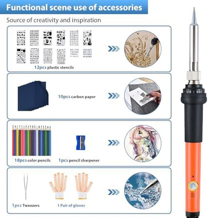 Fohil Wood Burning Kit for Adult Begineers, 120pcs Wood Burning Pen Tool Set with Adjustable Temperature 200~450 °C Switch Pyrography Pen Kit for Embossing Carving Soldering - Image 3