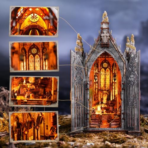 fifijoy Book Nook Kit for Adults - DIY Miniature Dollhouse kit with LED Light，3D Wooden Puzzle Mystical Booknook Tiny House Bookshelf Insert Decor, Gifts for Family, Friends (Abandoned Gothic Church) - Image 3