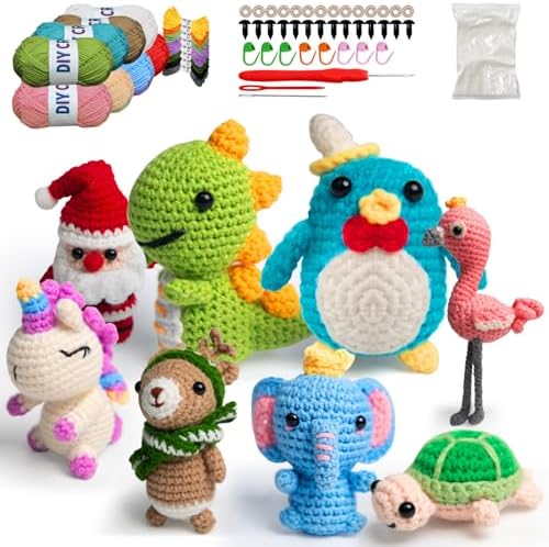 YOKISS 8Pcs Beginner Crochet Starter Kit, Creative Birthday Gifts for Adults & Kids, Popular DIY Patterns, 40% Extra Yarn Crochet Animals Kits with Step-by-Step Video Tutorials by YOKISS