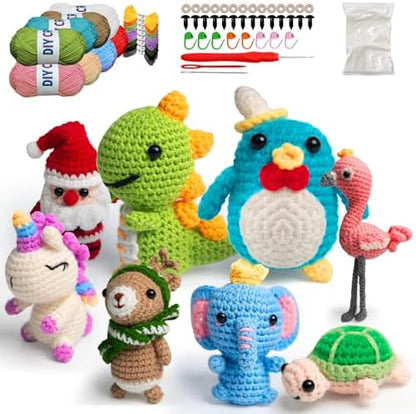 YOKISS 8Pcs Beginner Crochet Starter Kit, Creative Birthday Gifts for Adults & Kids, Popular DIY Patterns, 40% Extra Yarn Crochet Animals Kits with Step-by-Step Video Tutorials by YOKISS