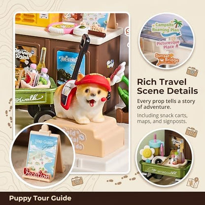 Puppy Tour Guide Miniature House Kit, Durable Plastic DIY Dollhouse with Dog Figure & Travel Scene, Stackable Transparent Dust Cover, Creative Desktop Decor for Adults Teens - Image 3