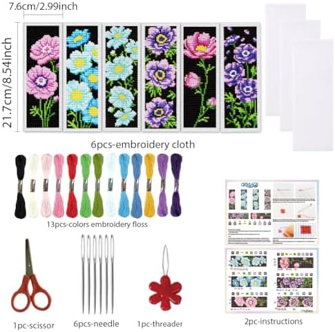 ORIGACH 6 Set Anemone Flower Cross Stitch Bookmark Kit for Beginner - Image 2
