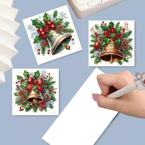 6Pcs Christmas Greeting Card DIY Diamond Art Painting Greeting Cards Blessing Folding Card Kit with White Envelopes Diamond Arts Crafts for Birthday Festival Gift-Bell - Image 4