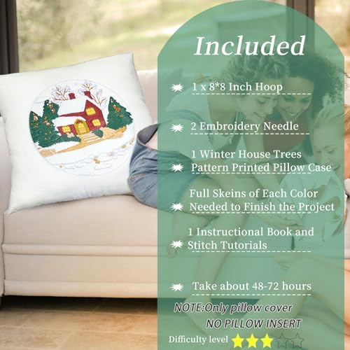 FONNUY Christmas Embroidery Kit for Beginners, Throw Pillow Case Cross Stitch Set Winter Snow House Holly Tree Pattern for Adults, Hand Works Crafts Throw Pillow Cover, 18 x 18'' (White) - Image 2