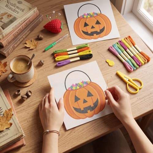 XunYee Needlepoint Canvas Kit, Halloween Pumpkin Bucket - Image 5