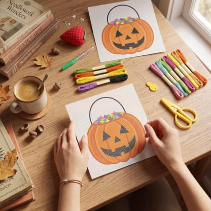 XunYee Needlepoint Canvas Kit, Halloween Pumpkin Bucket - Image 5