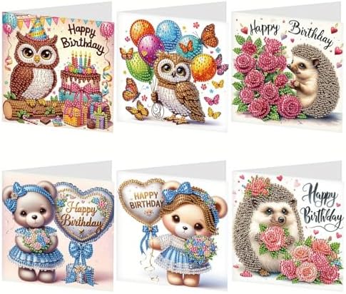 Tontut 6 Pieces Diamond Art Painted Greeting Cards, Owl Hedgehog Bear 5D DIY Special Shape Diamond Card Creative Gifts, Christmas Thanksgiving Greeting Card Congratulation by Tontut