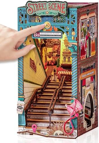 Rolife DIY Book Nook Kits Sunset Street Scene, Endless Stairs Bookshelf Decor 3D Wooden Puzzles for Adults, DIY Miniature House Model Building Kits, DIY Crafts/Birthday Gifts for Teens & Book Lovers by Rolife
