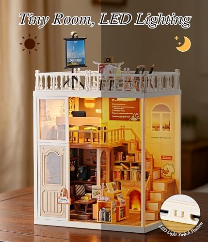2-Story Loft Book Cafe & Study Room Kit, DIY Miniature House for Adults with Reading Area Coffee Bar Study Desk Projector Balcony, Collectible Plastic Library Model, Home Decor Gift for Women - Image 6