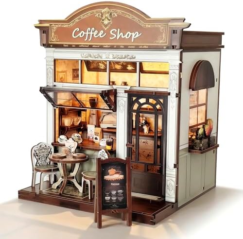Book Nook Kit, DIY Miniature House Kit for Adults & Teens, Cozy Coffee Shop Scene Bookshelf Insert Decor with LED, 3D Wooden Puzzle Gift for Book Lovers (Coffee Shop) by Reenovan