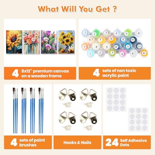 Bowetile 4 Pack Flowers Paint by Numbers for Adults Beginners Framed, Sunflower Adults' Paint-by-Number Kits, Easy Adult Paint by Number Kits on Canvas, Acrylic Number Painting for Home Decor, 8x12in - Image 7