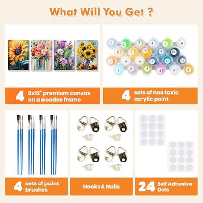 Bowetile 4 Pack Flowers Paint by Numbers for Adults Beginners Framed, Sunflower Adults' Paint-by-Number Kits, Easy Adult Paint by Number Kits on Canvas, Acrylic Number Painting for Home Decor, 8x12in - Image 7