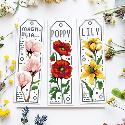 ACRNIGHEET 6PCS Cross Stitch Bookmark Kits for Beginner Flower Crossstitch Kits Adult Rose Daisy Lily Stamped Embroidery Bookmarks with Accessories for Adults Craft Gift 11CT - Image 5