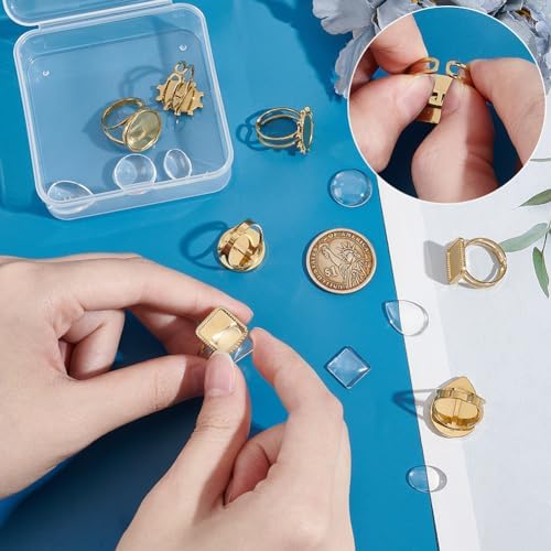 UNICRAFTALE 8Pcs 4 Styles DIY Golden Blank Ring Stainless Steel Open Cuff Ring Making Kit Real 18K Gold Plated with Glass Cabochons Rings 16.9mm Base Ring Bezel Tray for Jewelry Making - Image 5
