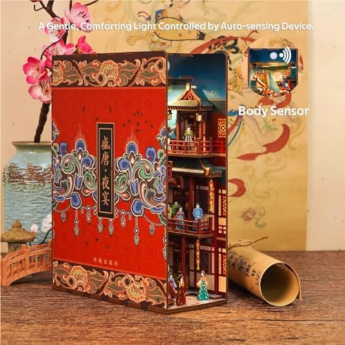 Tonecheer DIY Book Nook Kit for Adults, 3D Wooden Puzzle Bookend Bookshelf Insert Decor, Chinese Booknook Miniature House Kit with Body Motion Sensor LED Light (The Banquet of Tang Dynasty) - Image 5