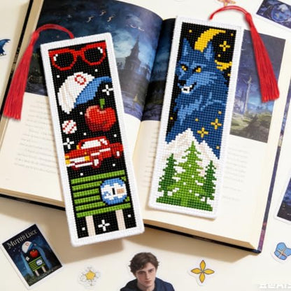 INFUNLY 6 Pack Cross Stitch Bookmark Kits Gothic Wolf Fruit Chess Pattern Embroidery Book Mark with Tassel DIY Counted Cross Stitch Supplies with Threads Needles Scissors for Book Lovers - Image 2