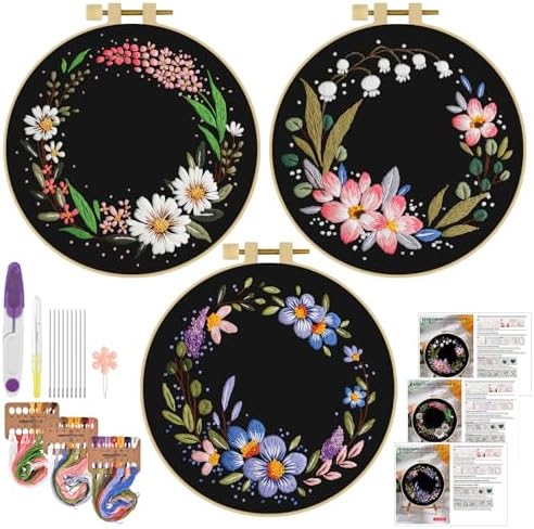 ERKOON 3 Sets Embroidery Kit, Floral Cross Stitch Set for Include Embroidery Cloth Hoops Threads for Craft Lover Hand Stitch (Garlands) by ERKOON