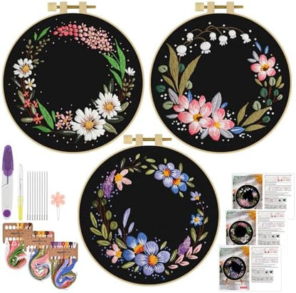 ERKOON 3 Sets Embroidery Kit, Floral Cross Stitch Set for Include Embroidery Cloth Hoops Threads for Craft Lover Hand Stitch (Garlands) by ERKOON