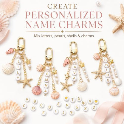 Mavsigak 776 Pcs DIY Keychain Making Kit, Seashell Key Chain Craft Set with Starfish Seahorse Pearl Letter Beads, Keychain Clips and DIY Accessories for Backpacks Purse Tote Bag Charm Kit - Image 6