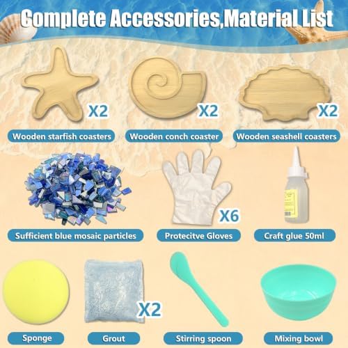 luperasol 6 Sets DIY Ocean Mosaic Tiles for Crafts Mixed Color Glass Mosaic Kits Wooden Coaster for Drinks Tray Handmade Home Decoration and Gift Idea - Image 3