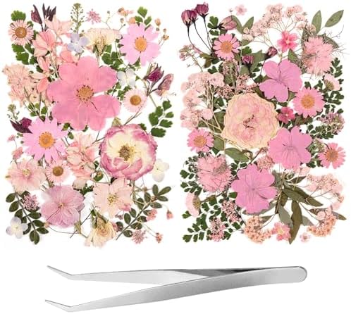 80pcs Pink Pressed Flowers Bulk, Romantic Dried Flower Leaves, Natural Pressed Dried Flowers with Tweezer for DIY Crafts Resin Mold Candles Cake Bridal Scrapbooking Supplies by LGFMGWH