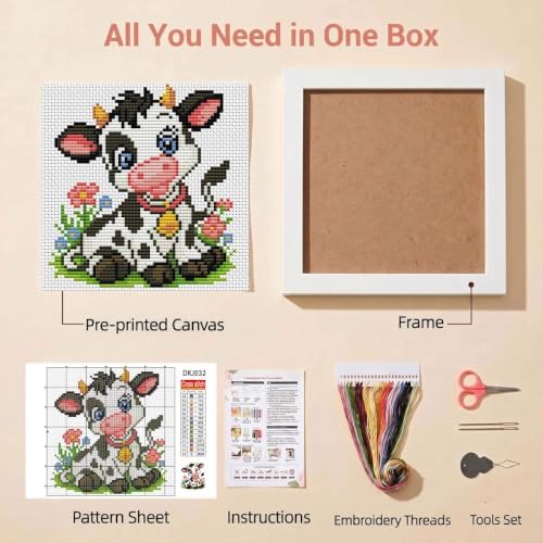 WUSARPLY Cow Stamped Cross Stitch Kits for Beginners Adults with Framed - Image 2