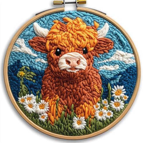 Punch Needle Kits for Beginners Highland Cow with Daisy Flower 20x20cm(4) by Unknown