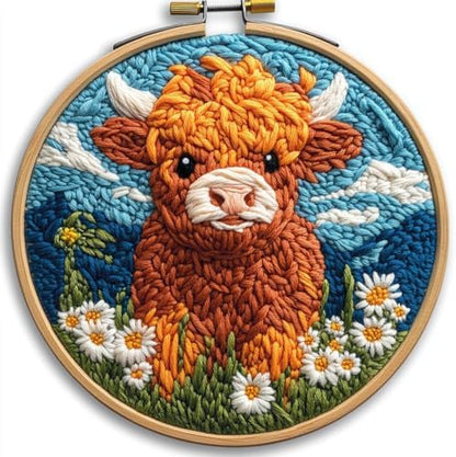 Punch Needle Kits for Beginners Highland Cow with Daisy Flower 20x20cm(4) by Unknown