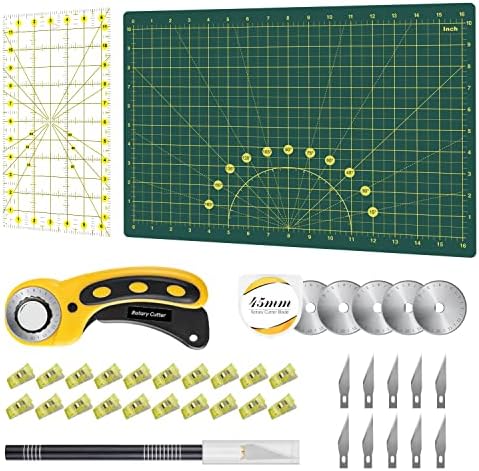 Headley Tools Rotary Cutter Set - 45mm Fabric Cutter, 5 Extra Rotary Blades, A3 Cutting Mat, Quilting Ruler and Sewing Clips, Craft Knife Set, Ideal for Crafting, Sewing, Scrapbooking, Patchworking by HeadleyTools