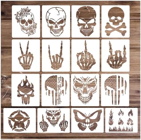 Yanroom Skull Stencils for Painting On Wood Flame Skeleton Hand Finger Fire Templates for Airbrushing Art Crafts Plastic Reusable Wood Burning Stencils for Wall Canvas (Skull) by Yanroom