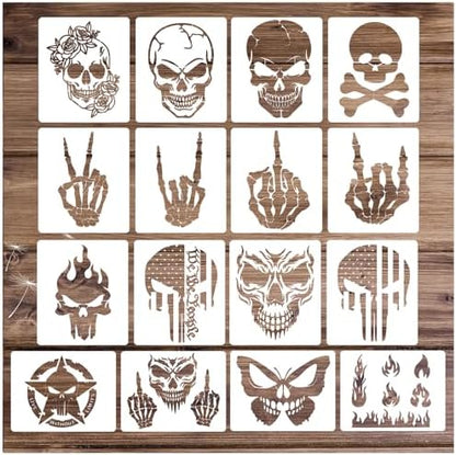 Yanroom Skull Stencils for Painting On Wood Flame Skeleton Hand Finger Fire Templates for Airbrushing Art Crafts Plastic Reusable Wood Burning Stencils for Wall Canvas (Skull) by Yanroom