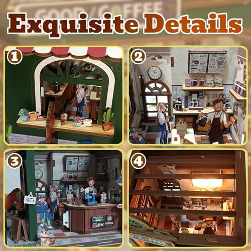 Evankin Coffee Shop Book Nook Kit, DIY Miniature House with LED Light - Image 4