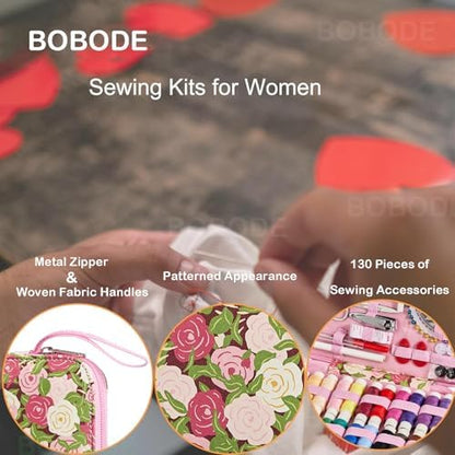 Rose Floral Sewing Kit with 130 PCS Sewing Supplies Accessory,PU Zipper Sewing Needles Set, Professional Travel Sewing Kit for Adults,Emergency, Beginners - Image 3
